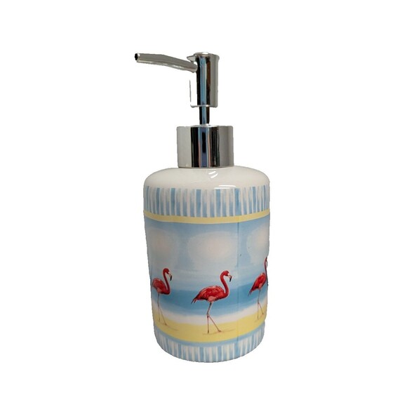 Flamingos On Beach Ceramic Bath Set Dispenser Toothbrush Holder Tumbler Gift NEW - Picture 2 of 7